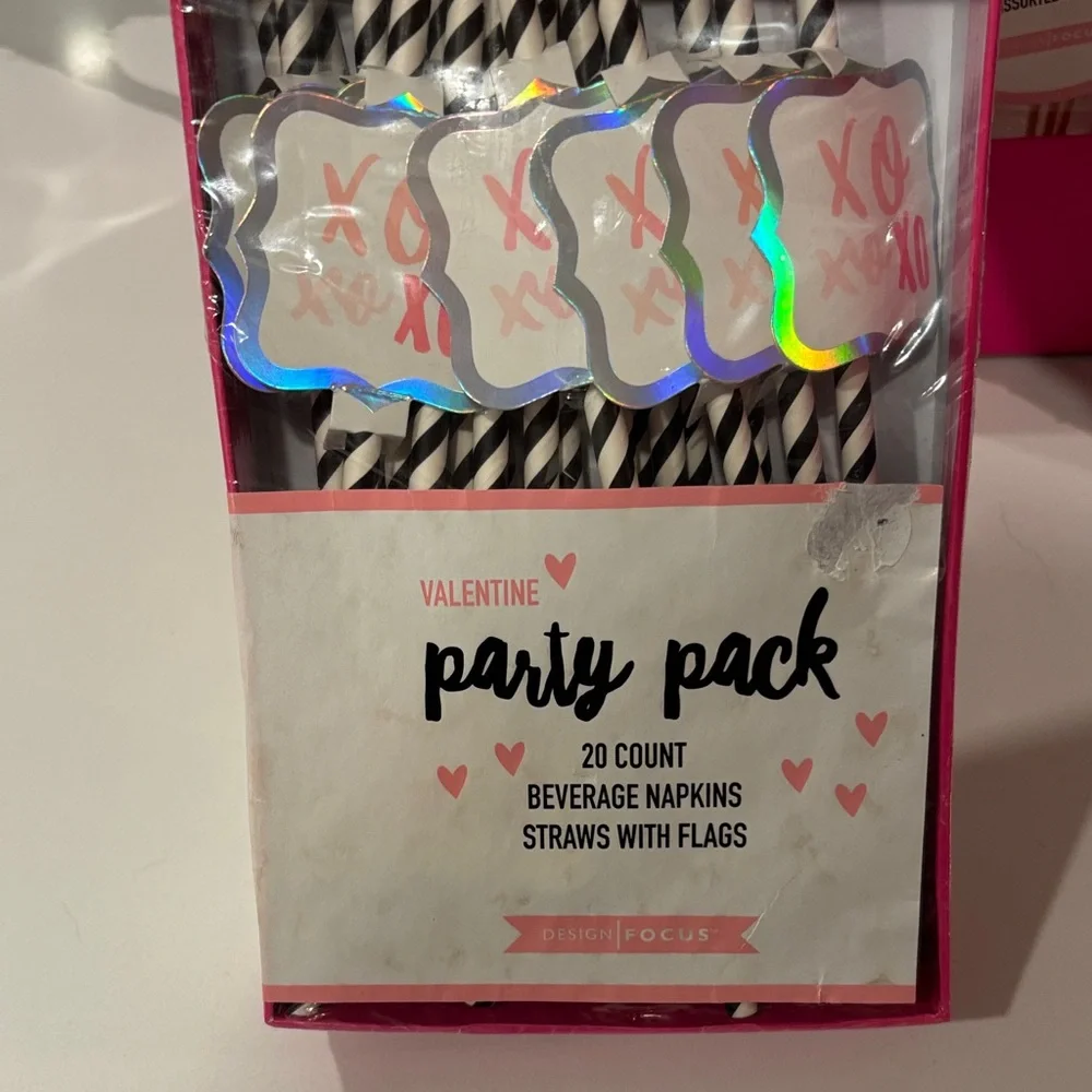 Valentine's Party Picks & XOXO Straw/ Napkin Set- Pink,Silver,Black & White..NWT